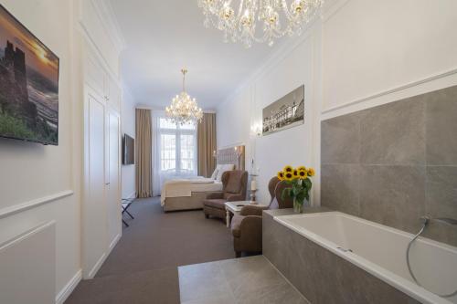 布尔诺Apartmány Arte的带浴缸的浴室和客厅。