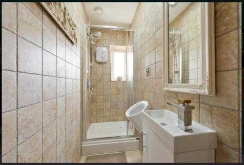 都柏林The Hideout !的浴室配有水槽、淋浴和浴缸。