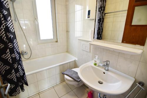 科隆科隆格雷姆贝格霍芬公寓的一间带水槽、卫生间和淋浴的浴室