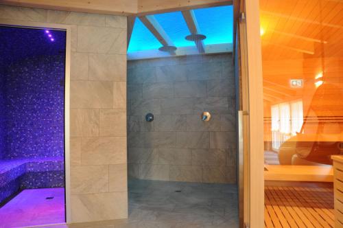 埃多洛TOURING HOTEL & SPA的浴室里设有玻璃门淋浴