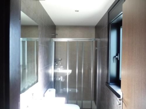 阿尔苏阿PENSIÓN RESTAURANTE "O RETIRO "的带淋浴、盥洗盆和镜子的浴室