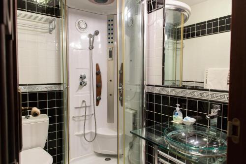 Santa Cristina de Cobres拉腊什乡村民宿的一间带玻璃水槽和淋浴的浴室