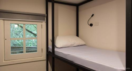 爱妮岛卡姆豪斯旅舍的小房间设有两张双层床和窗户