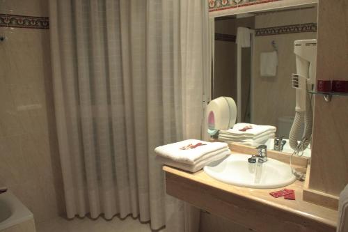 贝纳文特卡斯蒂利亚旅馆的一间带水槽和淋浴帘的浴室