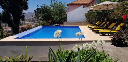 丰沙尔Quinta do Bom Sucesso的游泳池设有黄色椅子和遮阳伞