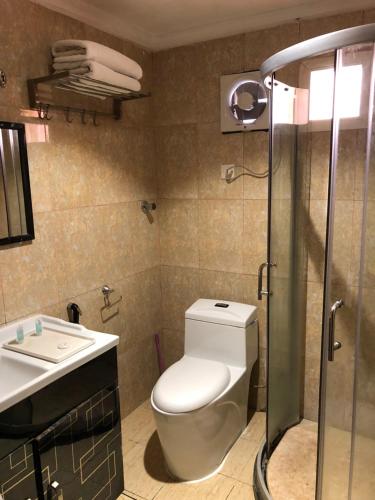 巴哈قصر الباحة للشقق المخدومة تصنيف اقتصادي的浴室配有卫生间、盥洗盆和淋浴。