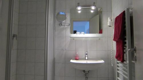 黑姆斯多夫Hotel Zum Schwarzen Bär的浴室配有盥洗盆和带镜子的淋浴