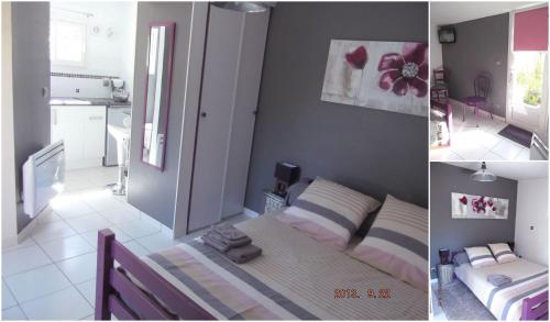 塔布Gîte Studio Tarbes Pyrénées的一张床位和厨房的卧室两张图片