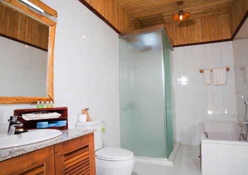 勃固KMA SHWE PYI BAGO Resort的浴室配有卫生间、盥洗盆和淋浴。