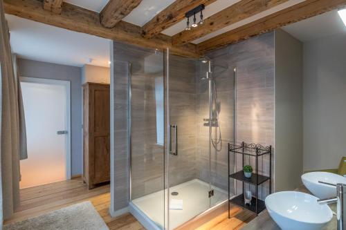 布鲁日House of Bruges的浴室设有玻璃淋浴间和水槽