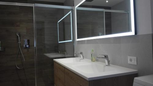 奥蒂塞伊迪加尔特公寓的一间带两个水槽和玻璃淋浴间的浴室