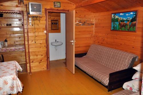 波拉齐克Noclegi "Pod Lasem"的小屋内带床和水槽的客房