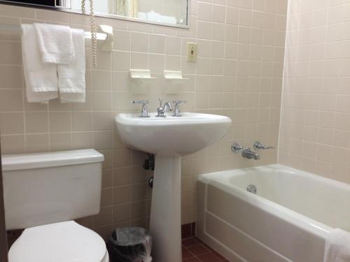 克莱维斯顿Americas Best Value Inn Historic Clewiston Inn的浴室配有盥洗盆、卫生间和浴缸。