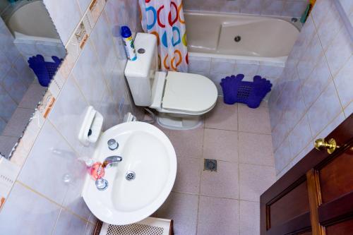 拉巴斯Brussels apartment的浴室配有盥洗盆、卫生间和浴缸。