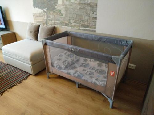 瓦尔米耶拉Kaktuss Apartamenti的一张沙发房间里一张婴儿床