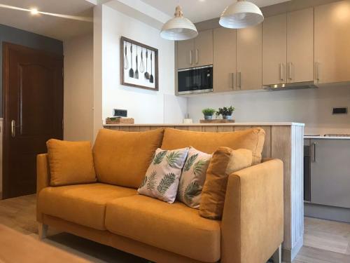 索特Apartament Neret II的厨房里配有带枕头的橙色沙发