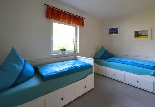 普特布斯Ferienhaus Annemiete的配有蓝色枕头和窗户的客房内的两张床
