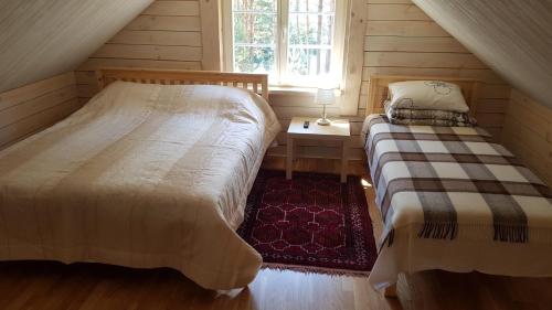 MerkinėVienkiemis prie Merkinės的一间卧室设有两张床和窗户。