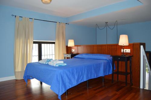 桑卢卡尔-德巴拉梅达PRECIOSO LOFT en PALACIO DE GODOY的蓝色卧室,配有蓝色床单