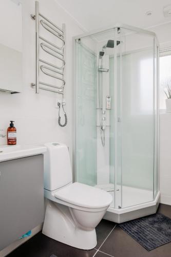 格兰纳Gränna Lakeview的一间带卫生间和玻璃淋浴间的浴室
