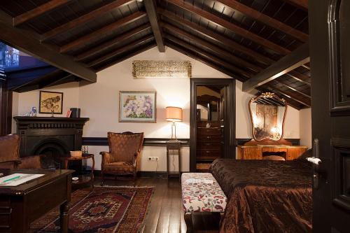伯萨齐塔佩维酒店 的客厅设有一张床和一个壁炉