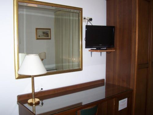 基奥贾卡尔鼎酒店的配有电视、灯和镜子的客房