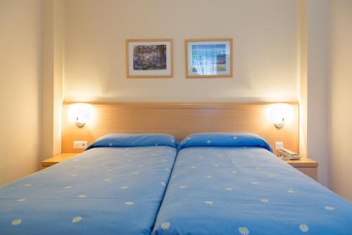 伊斯拉枫树公寓的卧室里一张大蓝色的床,配有两盏灯