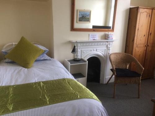 艾尔斯伯里Bay Lodge的一间卧室配有一张带壁炉和镜子的床