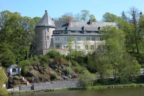 StiegeSchloss Stiege的一座城堡,位于河边的山顶上