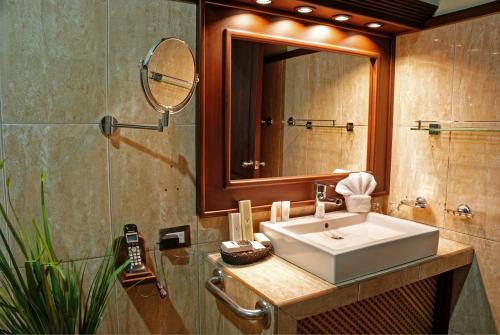 福尔图纳Volcano Lodge, Hotel & Thermal Experience的一间带水槽和镜子的浴室