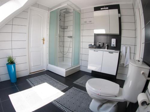 布尔奇科Penthouse Apartment的白色的浴室设有卫生间和淋浴。
