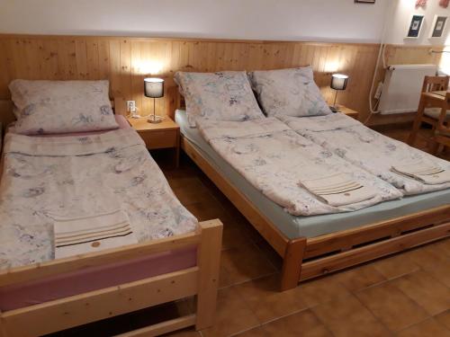 SmědčiceRanch 79的配有两张床铺的带两张桌子和台灯的房间