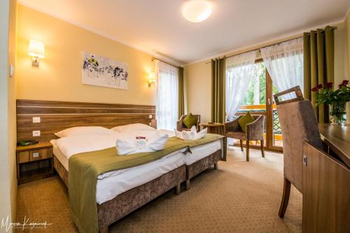 斯克拉斯卡波伦巴Hotel Na Skarpie的配有一张床和一张书桌的酒店客房