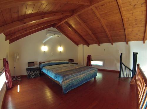 瓦西利基Casa Nostos的一间带一张床的卧室,位于带木制天花板的房间内