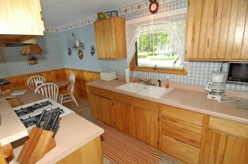 NamekagonRanch-Style Seidls Home的厨房配有木制橱柜、水槽和窗户。