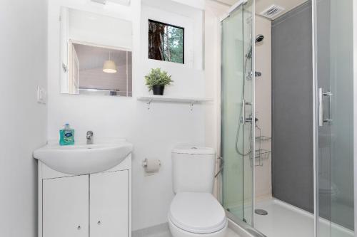 波别罗沃Domki "Arkadia"的浴室配有卫生间、盥洗盆和淋浴。