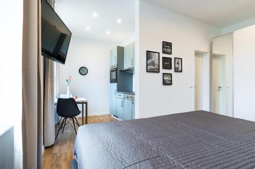 弗莱堡Freiburg Apartments Friedrichring的一间卧室配有一张床、一台电视和一张书桌