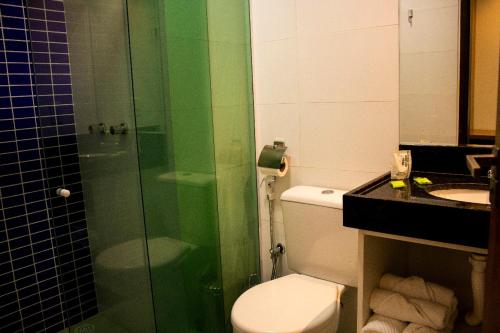 戈亚尼亚Rainha Hotel的一间带卫生间和玻璃淋浴间的浴室