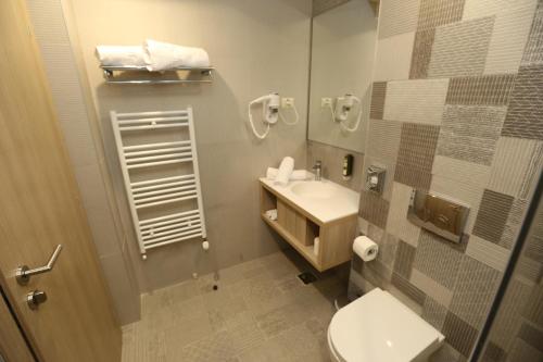 哈采格Hotel Baril的一间带卫生间、水槽和镜子的浴室