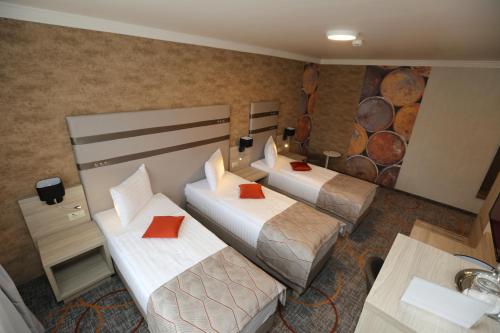 哈采格Hotel Baril的两张位于酒店客房的床铺,配有红色枕头