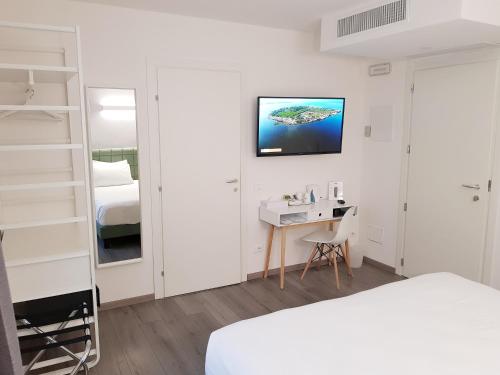 杜伊诺Hotel Aurora Duino的一间卧室配有一张床、一张书桌和一台电视。