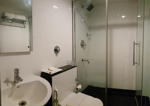 维沙卡帕特南温莎公园酒店的白色的浴室设有水槽和淋浴。