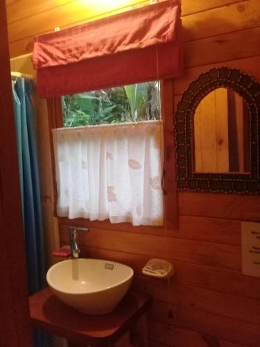 明多明多大篷车宾馆的一间带水槽和镜子的浴室以及窗户。
