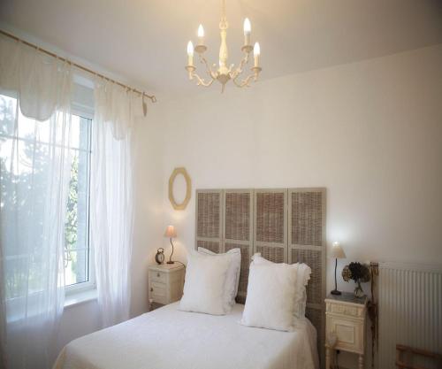 La ChèzeChâteau Bily B&B Hôtel的一间卧室配有一张带白色床单和吊灯的床。