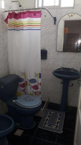 蒙得维的亚Casa del Mar的浴室设有蓝色的卫生间和水槽。