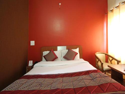 德拉敦North Star Residency的红色墙壁的房间里一张床位