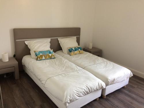 桑吉内Villa Sanguinet proche Bassin d Arcachon的一间卧室配有一张带两个枕头的床