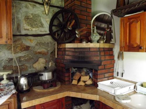科普里夫什迪察The Gates Apartments的厨房设有砖砌壁炉和炉灶。