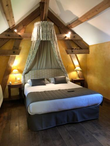 博讷夏兰奇城堡酒店的一间卧室配有一张带天蓬的床