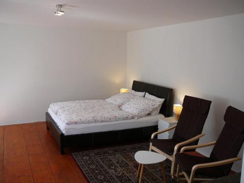 迪耶河畔弗拉诺夫Apartman Modry dum的一间卧室配有一张床和两把椅子